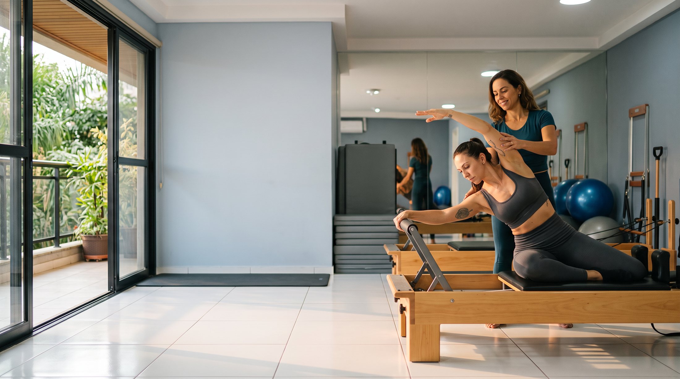 Instrutora orientando aluna no reformer do studio Voll Pilates Indaiatuba